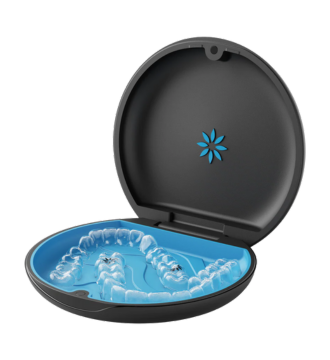 2 Invisalign aligners in a retainer that is black and blue and has invisalign logo on top.